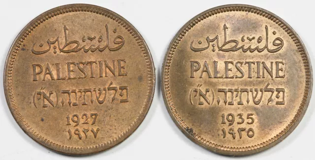 Lof of TWO PALESTINE 1 MIL Bronze COINS: 1927 & 1935 Choice BU Uncirculated KM#1