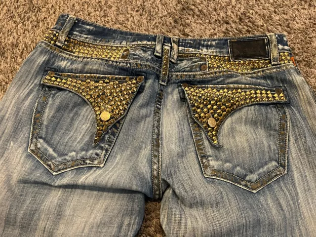 Gold Studded Spikes Long Flap Paint Robin Jeans Size 38 X 30 Cut Style# D5687