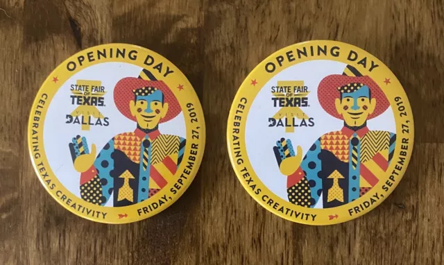 STATE FAIR OF TEXAS 2019 Opening Day Pin-Back Button -  2 Real Big Tex Buttons