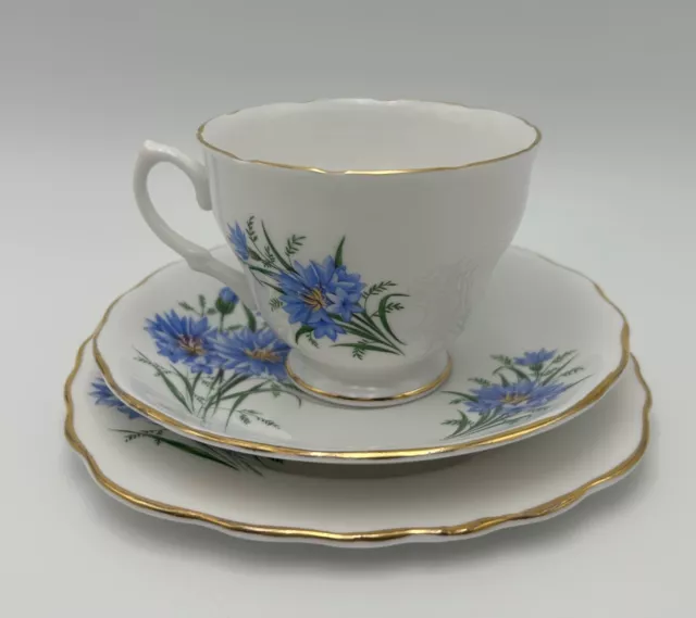 Royal Vale Vintage Blue Cornflower Fine Bone China Teacup, Saucer & Plate TRIO 2