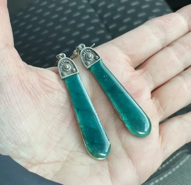 Vintage Silver Tone Green Enamel Long Drop Dangle Earrings