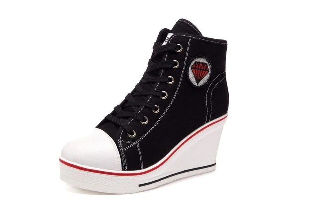 New Lady's High Top Wedge Heel Sneakers Women Pumps Lace Up Sport Shoes Canvas