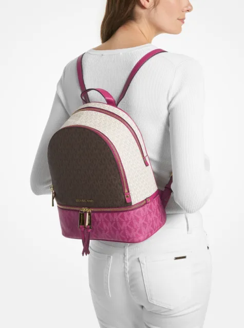 Michael Kors Rhea Zip Medium Logo Signature Backpack Deep Fuchsia Multi NWT $378