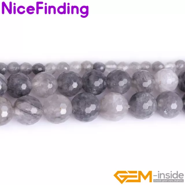 Natural Gray Cloudy Quartz  Gemstone Round Faceted Beads For Jewelry Making 15''