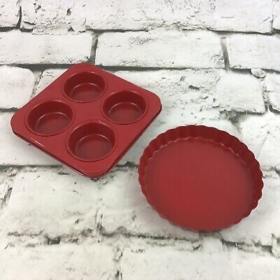 Pretend Play Dishes Red Metal Mini Bakeware Lot Of 2 Pieces Muffin Tin Pie Pan