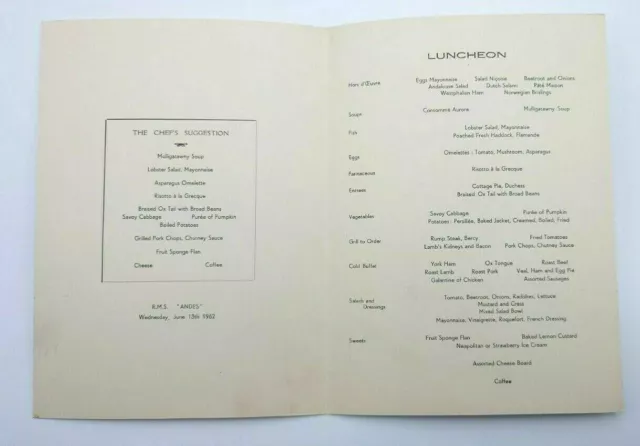 1962 Royal Mail lines RMS Andes Luncheon Menu Card 2