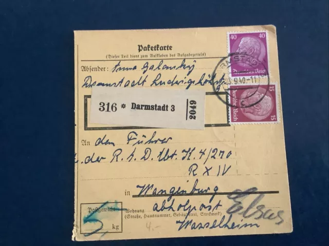 Paketkarte Darmstadt  1940 An RAD Führer Lager Wagenburg Elsass