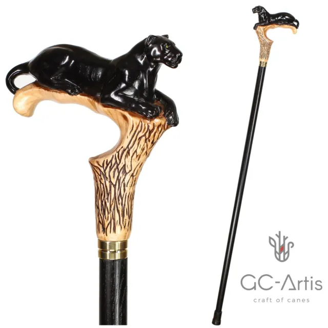 Wooden Walking cane stick Black Panther Cougar cat Wood Carved Crafted light