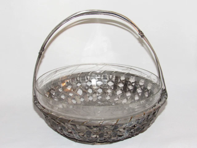 01J5 Ancienne Corbeille Panier A Pain / Fruits En Metal Argente + Bac En Cristal
