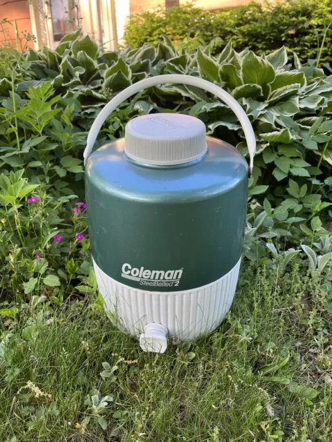 Vintage Coleman 2 Gallon Water Jug Cooler Green Steel Belted Camping USA Metal