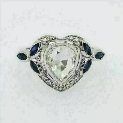Edwardian Vintage 3Ct Diamonds Love Heart CZ Wedding Ring 14K White Gold Plated