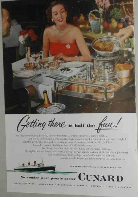 1952 CUNARD LINES advertisement Queen Elizabeth Mary dinning room Crepes Suzette