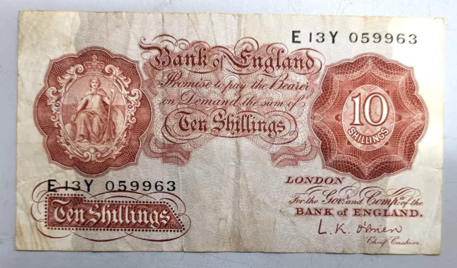 England Great Britain UK Circulated TEN SHILLINGS Paper money Banknote (#K62)