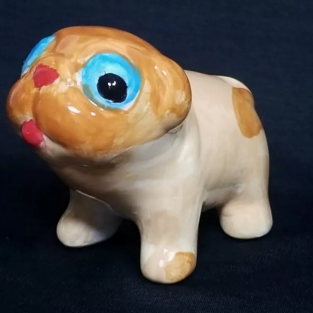 Pug Handpainted Ceramic Puppy Dog Figurine Figure OOAK Bulldog? Blue Eyes Tan