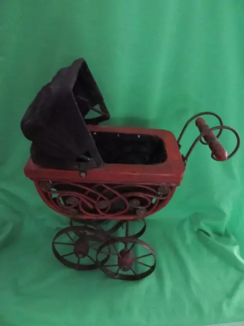 Doll Bear Pram Carriage Wood Metal 11 5/8" H Wheels Move