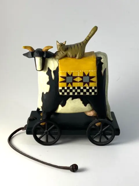 Williraye Studio WW1403 Figurine Cow on Wheels with Cat on Back 1996