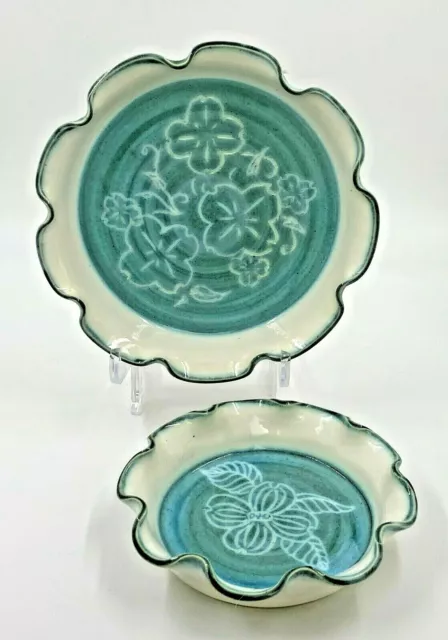 2 Anne Bray Studio Art Pottery Glazed Ruffled Dishes with Flowers