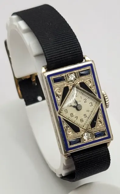 Rare 1930's Elgin Art Deco Enamel / Diamonds Gold Filled Ladies watch AS IS