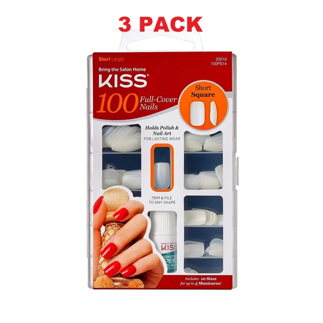 3 PACK KISS 100 Full Cover Nails Kit Short Length Square