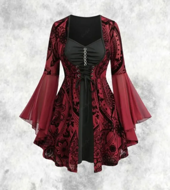 NEW BLACK & Red Gothic Velvet Flocked Corset Flared Sleeve Top size 2XL 20  22 24 £34.99 - PicClick UK