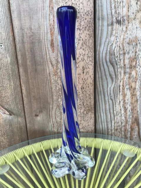 Murano Vintage Retro Mcm Art Glass Blue Clear Twisted Single Stem Vase