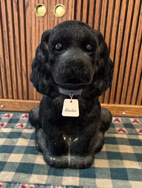 Vintage Flocked Black Cocker Spaniel Dog Coin Bank "Blackie" Robin Mfg