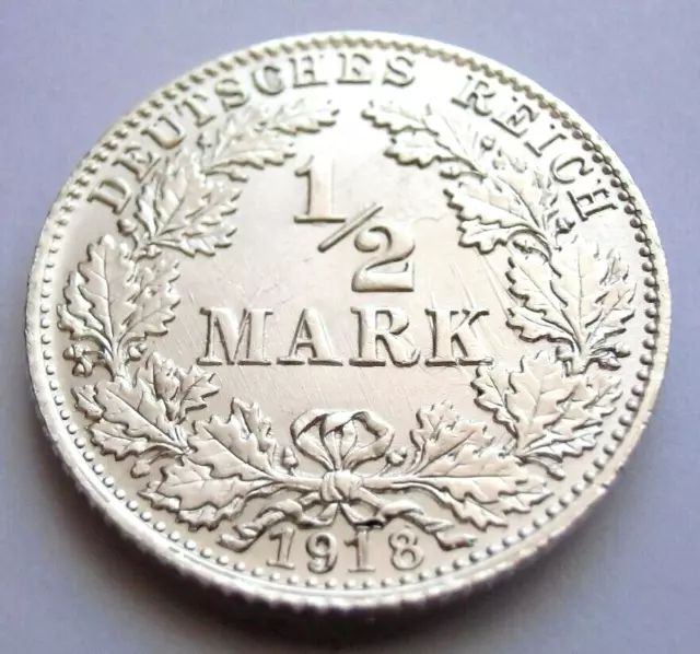 (315)Rare Germany Empire 1/2 Mark Silver Coin 1918 D  -  0.900 Silver