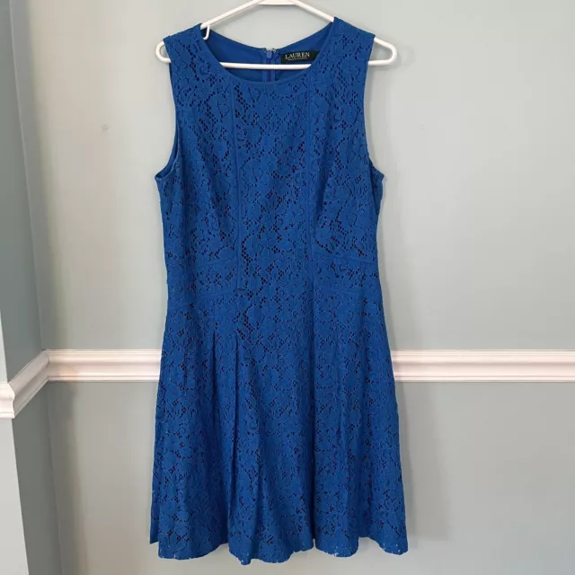 RALPH LAUREN blue lace overlay floral dress. Sleeveless. Size 12