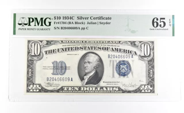 PMG 65 Gem Unc EPQ 1934 C $10 Silver Certificate Blue Seal Fr#1704 *1010