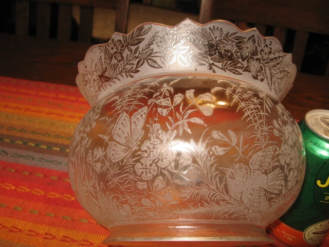 Antique Vintage Acid Etched Gas Kerosene Oil Lamp Shade Birds Butterfly Eastlake