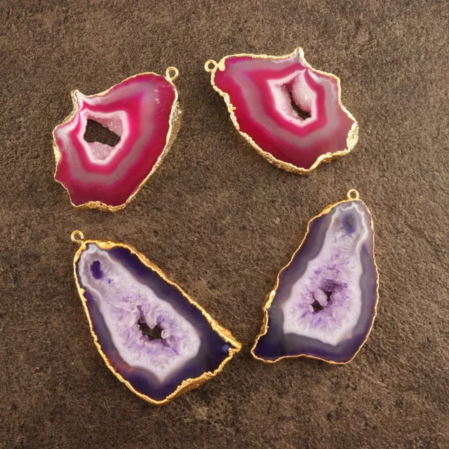 Lot 2 Pairs Rare Pink Blue Geode Slice Druzy Gold Plated DIY Earring Connectors