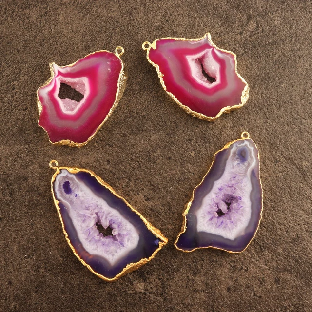 Lot 2 Pairs Rare Pink Blue Geode Slice Druzy Gold Plated DIY Earring Connectors