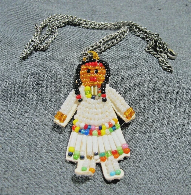Vintage mative american hand beaded kachina pendant silvertone chain necklace