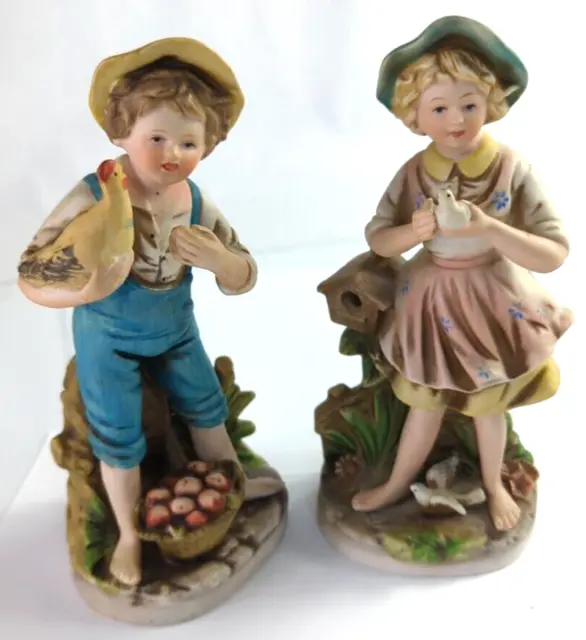 Lot Of 2 Homco Porcelain figurines: Boy & HEN, Girl & bird Bisque Collectibles