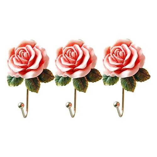 3 Pcs Beautiful Rose Decorative Wall Hooks, Fancy Cute Handmade Resin Flower
