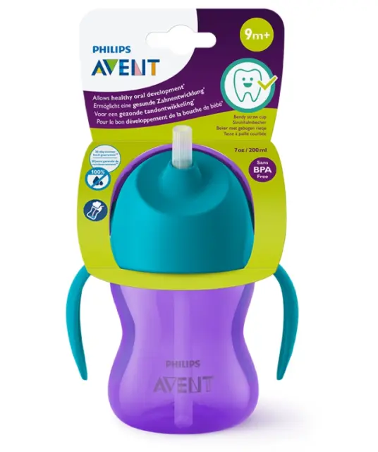 Philips Avent Plastic BPA Free Aven Straw Cup Baby Bottle, 200ml, Calor May Vary