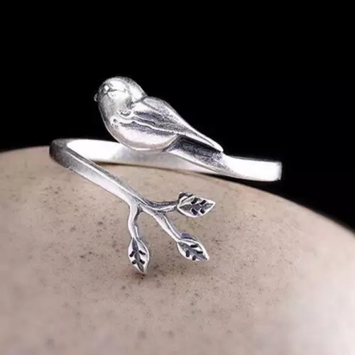 925 Sterling Silver Bird Branch Leaf Cute Adjustable Ring Womens Girls Gift Men