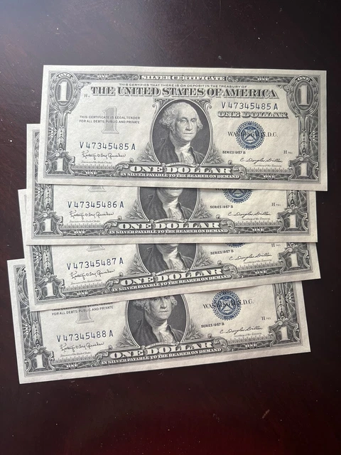 $1 Silver Certificates 1957 B Uncirculated Blue Seal Lot 4 Consecutive Notes