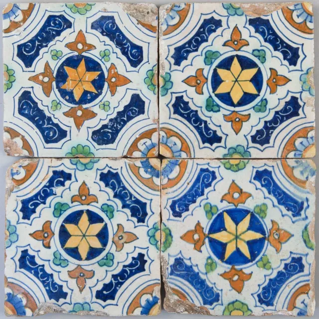Nice set of 4 Dutch Delft polychrome ornament tiles, early 17th. century.