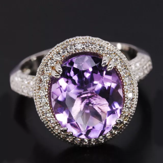 Natural Purple Amethyst Oval 12X10 Mm. & White Cz Sterling 925 Silver Ring 7.25