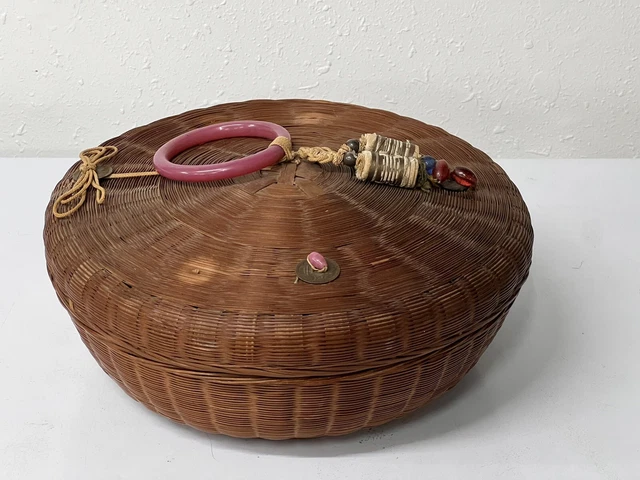 Vintage Chinese Wicker Sewing Basket With Glass Beads Coins 10” Diameter