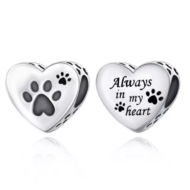 💖 Dog Cat Memorial Charm Always In My Heart Paw Print 925 Sterling Silver