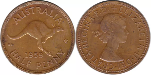 Australia: 1959 Half Penny QEII Melbourne Proof ½d copper. Ren cat $925