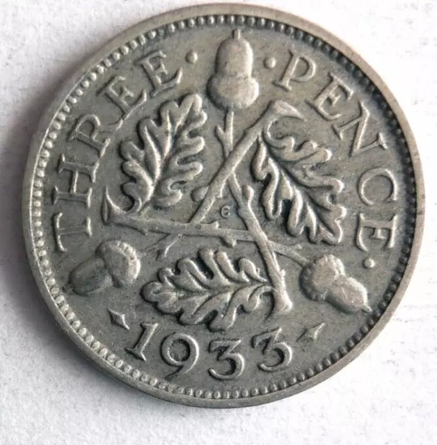 1933 Grande-Bretagne 3 Pence - Excellent Pièce Argent Bretagne Poubelle#P