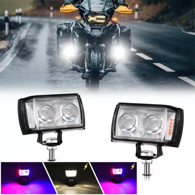 2X Motorcycle Spot Lights LED 3-Side Strobe Warning Flashing Spotlights 12/24V