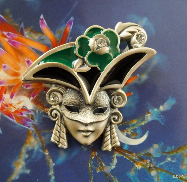 Broche Vintage Masque Argenté Signée Fenjal - Occasion, Bijou Ancien