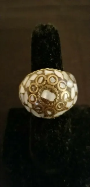 Large Mother of Pearl Inlaid Brass Ring Size 7.5