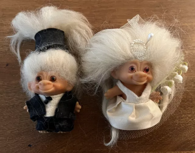 VINTAGE 1960S DAM Things Original Bride Groom Troll Doll Wedding Dress ...