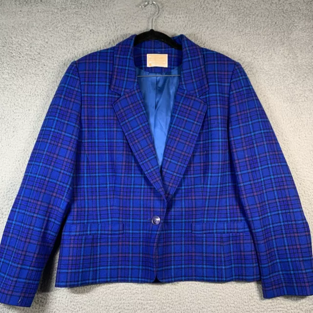 Vintage Pendleton Virgin Wool Blue Plaid Blazer Jacket Womens 14