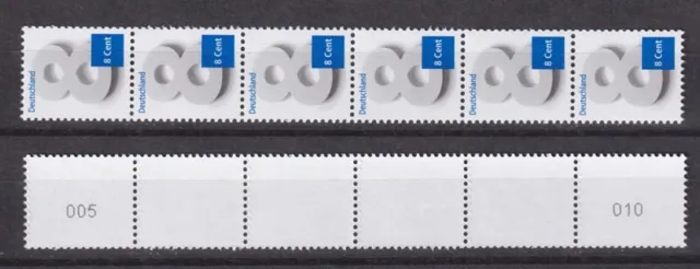 Bund 3188 RM 6er Streifen mit 005-010 Nummer 8 Cent Ergänzungswert postfrisch